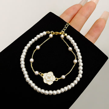 Gold Pearl Dual Layer Camellia Enamel Bracelet Two Piece Set