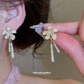 Gold Tone White Flower Crystal Tassel Stud Earrings Three Styles view 3