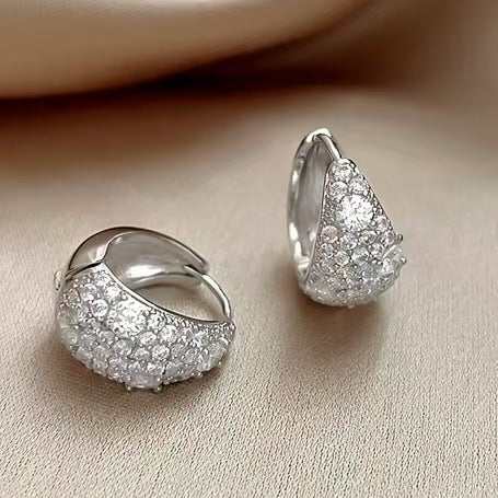 Silver Tone Clear Pave Teardrop Huggie Hoop Earrings