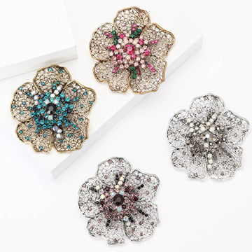 Heavy Filigree Crystal Flower Brooch in Four Colors