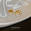 Gold Sculpted Hoop White Pearl Earrings Polished Metal Jewelry view 2