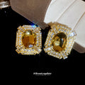 Yellow Faceted Stone Square Halo Statement Stud Earrings view 2