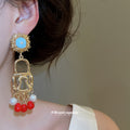 Padlock Pearl and Red Bead Fringe Drop Earrings Fashion Jewelry view 3