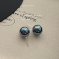 Iridescent Dark Ball Stud Earrings Oil Slick Purple Green view 6