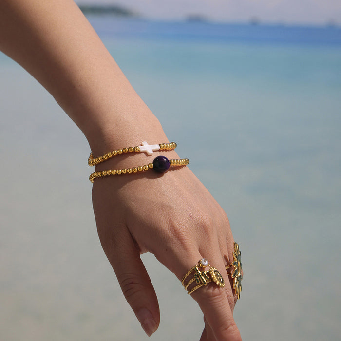 Gold Bead Stretch Bracelets Purple Agate Or Shell Cross
