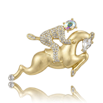 Crystal Rider on Leaping Horse Brooch in Two Metal Tones
