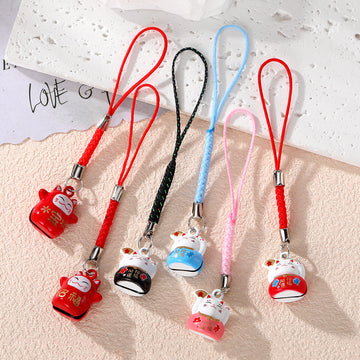 Lucky Cat Bell Phone Charms Alloy Maneki-Neko Cord Straps 6 Styles
