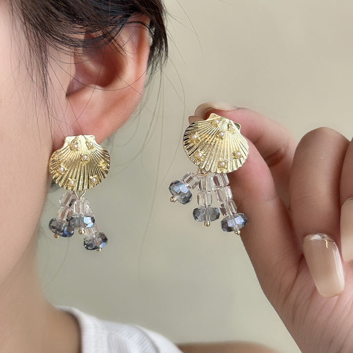 Gold Scallop Shell Blue Clear Bead Fringe Earrings