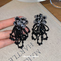 Black Crystal Floral Drop Earrings With Layered Bead Tassels view 4