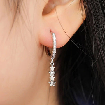 Silver Gold CZ Pave Hoop Earrings Triple Star Dangles