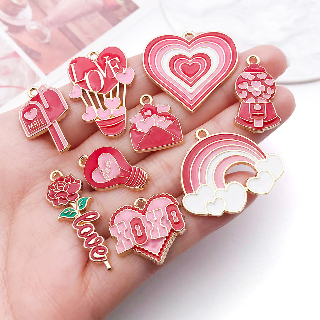 Enamel Zinc Alloy Heart Rose Flower Charm Pendant for DIY Bracelets Necklaces Earrings