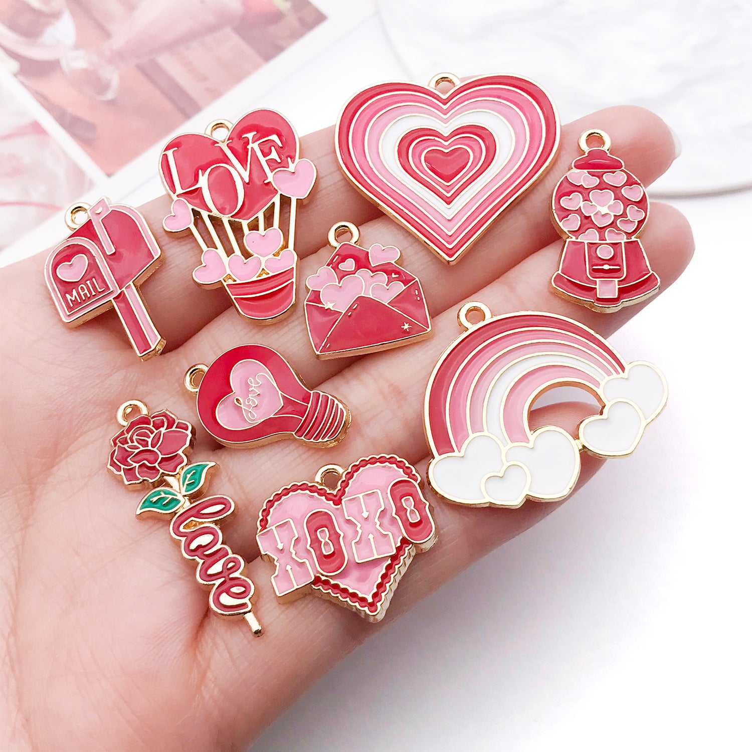 Enamel Zinc Alloy Heart Rose Flower Charm Pendant for DIY Bracelets Necklaces Earrings