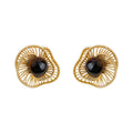 Gold Tone Radiating Openwork Black Round Stone Stud Earrings view 5