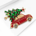 Red Christmas Car Brooch Green Tree Roof Star Crystal view 2