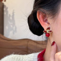 Floral Stud Earrings with Pearl Drops in Brown or Red view 4