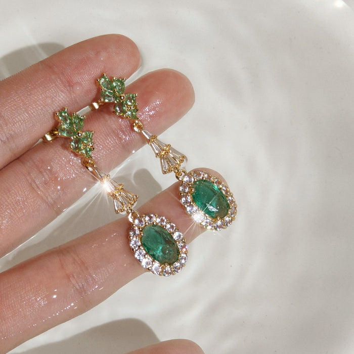 Gold Tone Green Flower Oval Stone And Clear Halo Drop Earrings