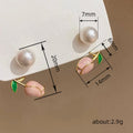 Gold Pink Tulip Pearl Ear Jacket Stud Earrings Green Leaf view 4