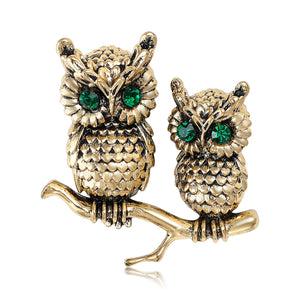Two Textured Owl Branch Brooch With Green Crystal Eyes