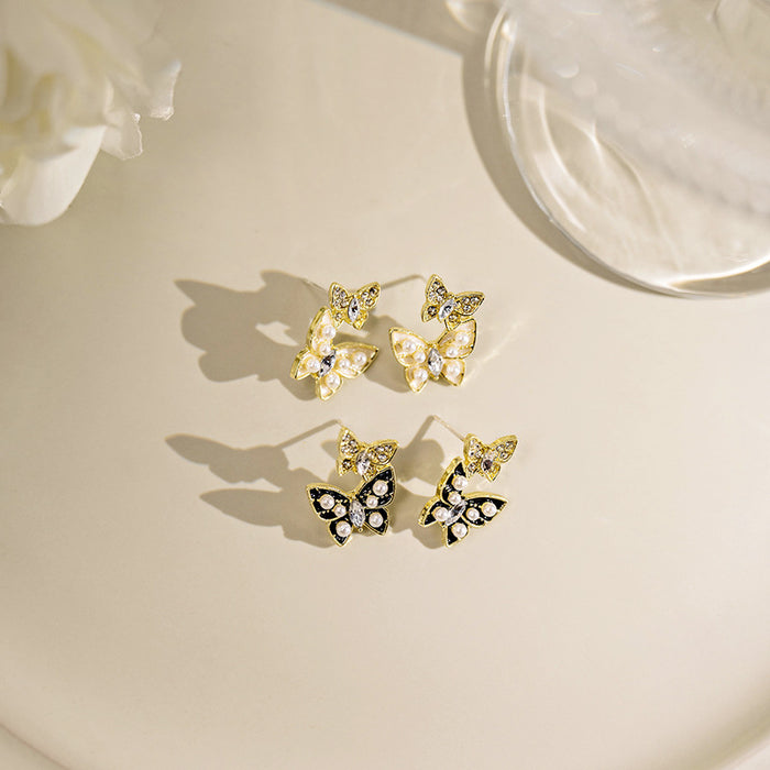 Gold Butterfly Stud Earrings Pearl Crystal White Black