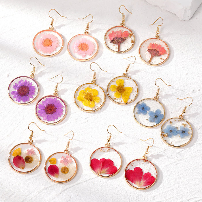 Gold Tone Round Pressed Flower Resin Hook and Stud Earrings in Eight Designs