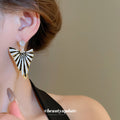 Gold Tone Striped Triangle Drop Earrings With Clear Crystal Studs view 3