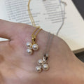 Silver Tone Three Flower And Pearl Cluster Pendant Necklace view 2
