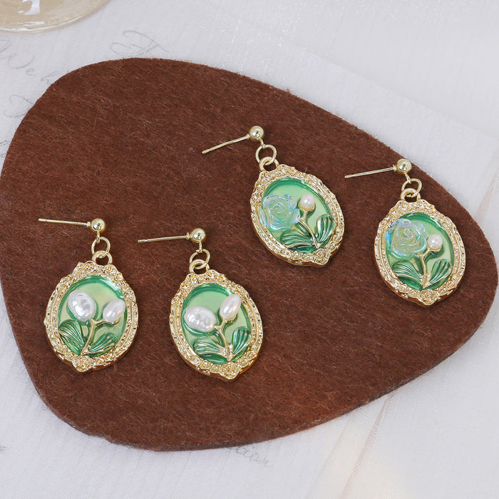 Green Oval Lily and Rose Gold Tone Dangle Stud Earrings