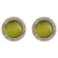Gold Tone Yellow Green Cat Eye Round Stone Clear Halo Stud Earrings view 5