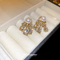 Gold Tone Pearl And Clear Crystal Cluster Stud Earrings view 4