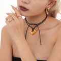 Stainless Steel Hollow Heart Pendant Black Leather Cord Necklace view 2