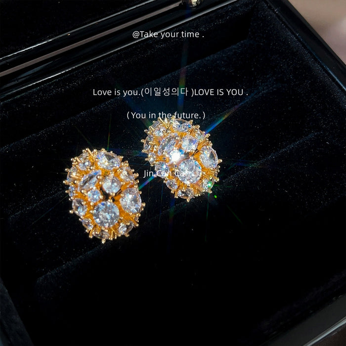 Gold Oval Crystal Cluster Stud Earrings Mixed Cut Stones