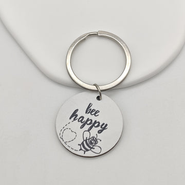 Bee Happy White Round Disc Keychain Silver Split Ring