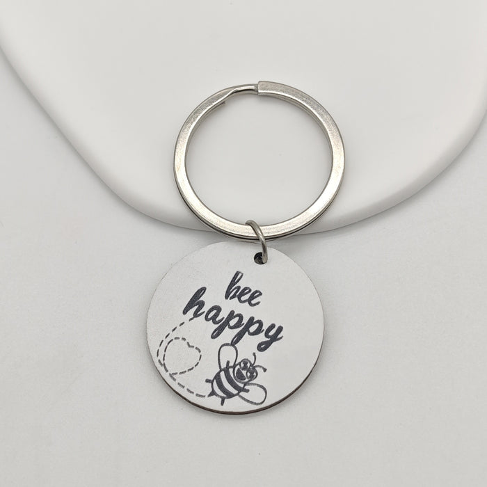 Bee Happy White Round Disc Keychain Silver Split Ring