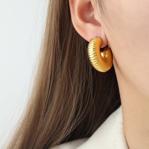 Ribbed U-Shape Chunky Hoop Stud Earrings Gold Or Steel