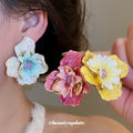 Layered Fabric Flower Stud Earrings In Three Color Pairings view 2