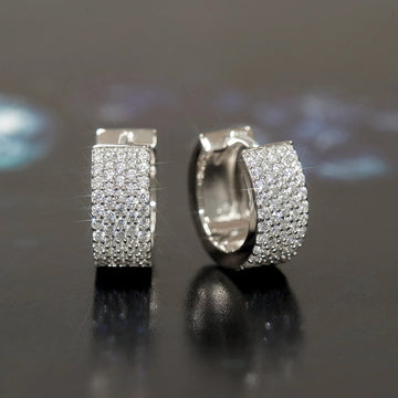 Silver Tone Full Pave Clear CZ Huggie Hoop Earrings Pair