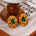 Patterned Oval Green and Red Center Statement Stud Earrings view 6
