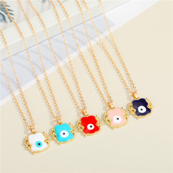 Gold Tone Square Bamboo Frame Evil Eye Pendant Necklaces in Five Colors
