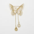Gold Filigree Butterfly Brooch With Twin Crystal Chain Drops view 6