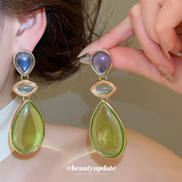 Blue and Green Teardrop Statement Earrings with Metal Settings