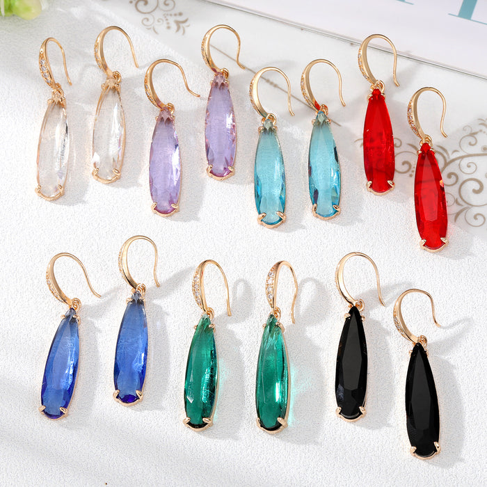Gold Tone Long Oval Faceted Crystal Hook Earrings in Seven Colors