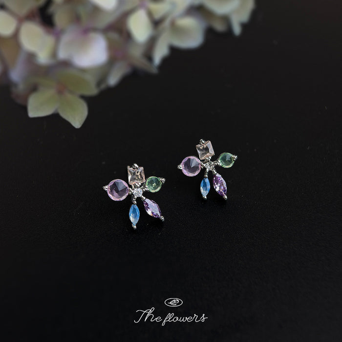 Silver Tone Multicolor Crystal Flower Stud Earrings Mixed