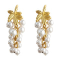 Gold Matte Grape Leaf Pearl Cluster Drop Earrings Pair view 5