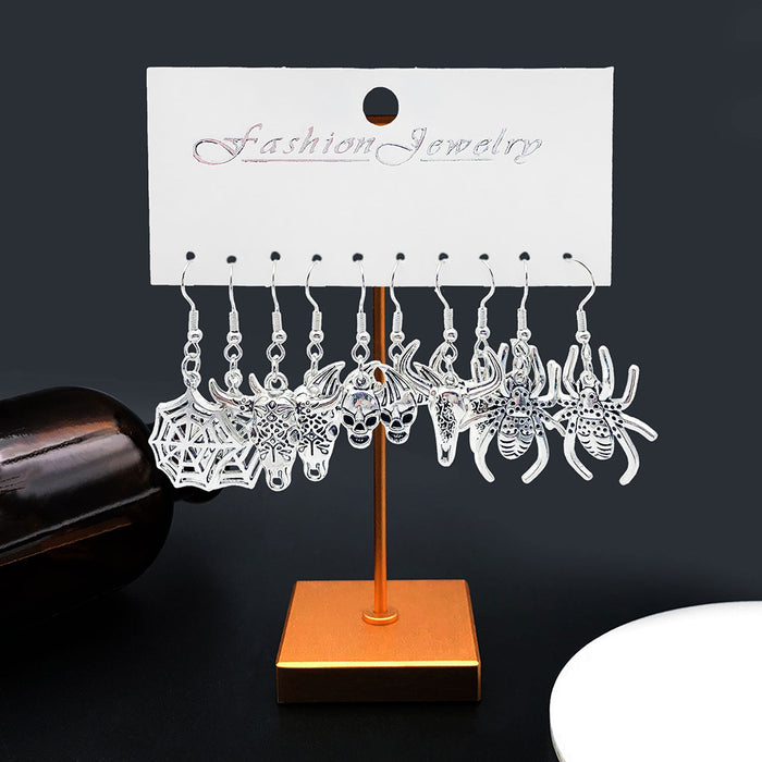 Five-Pair Antique Silver Bull Skull Spider Halloween Earring Collection