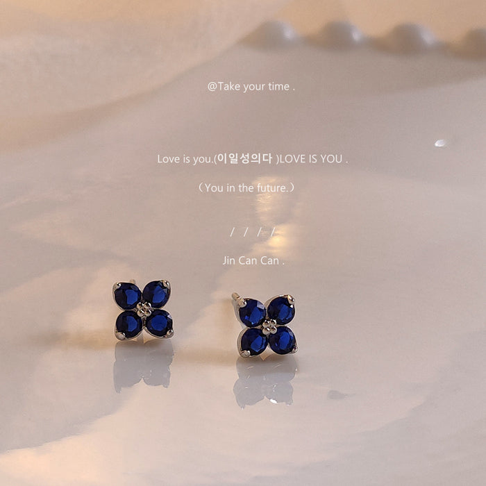 Silver-Tone Mini Blue CZ Four-Petal Flower Stud Earrings Pair