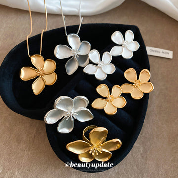 Matte Metal Flower Necklace Earring Ring Three-Piece Sets