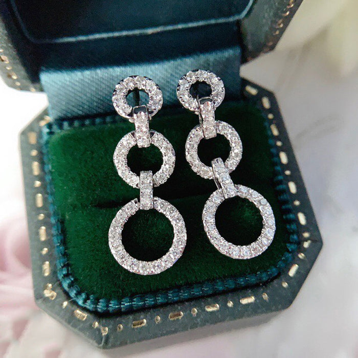 White Gold Triple Linked Circle Drop Earrings Pavé Zircon