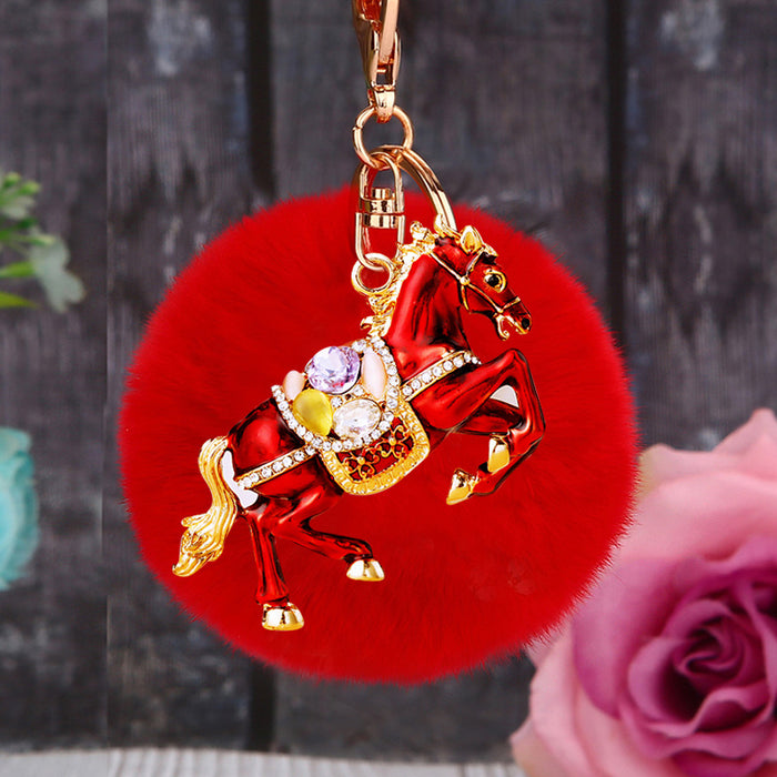 Crystal Horse Keychains with Faux Fur Pompoms and Plain Options