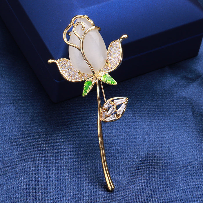 White Rose Stem Brooch with Gold Tone Crystal Edges