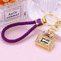 Jeweled Rectangular Perfume Bottle Keychains in Pink and Purple view 1